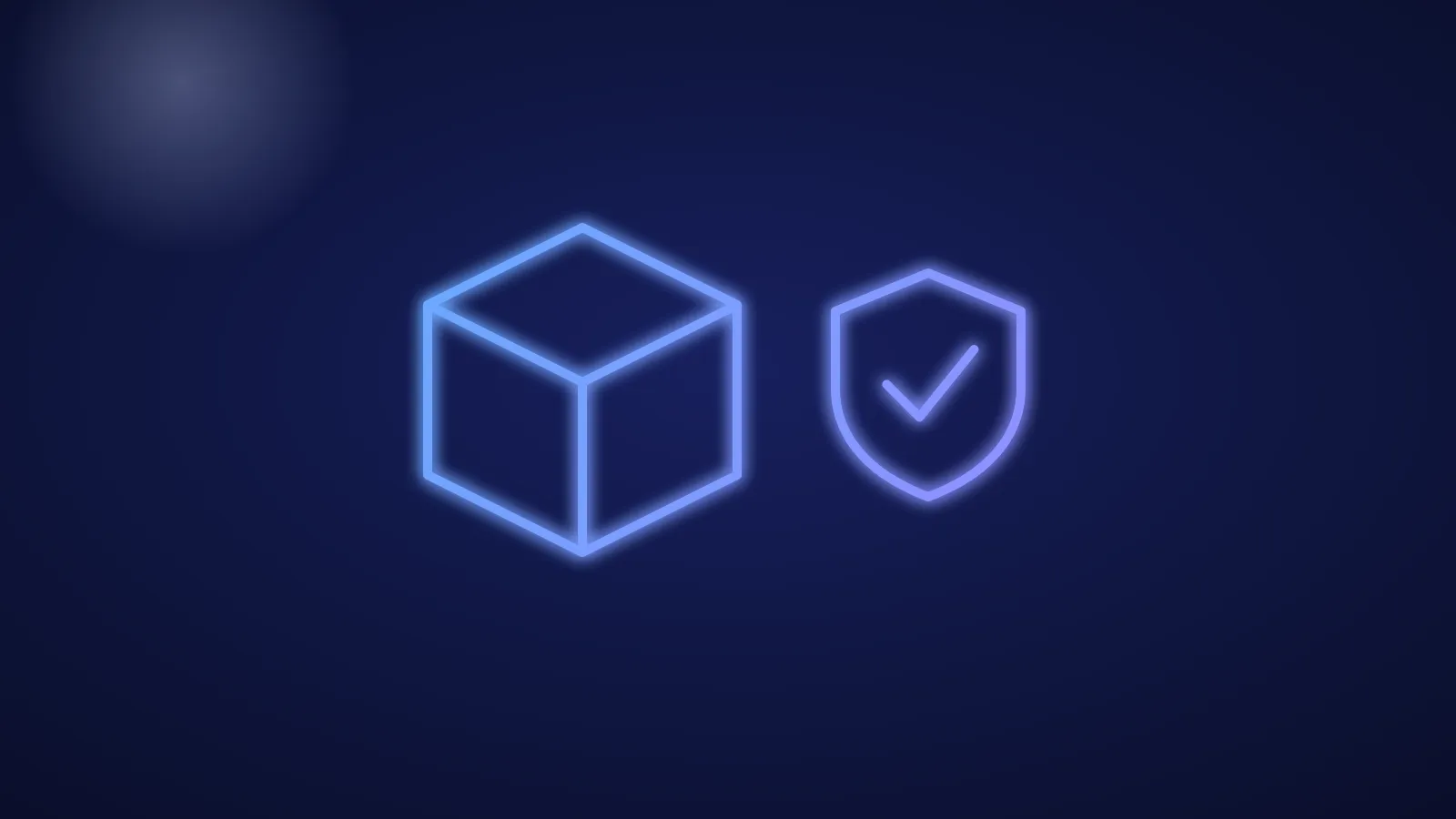 Ilustración de un paquete de app con un escudo y una marca de verificación, en líneas azules luminosas