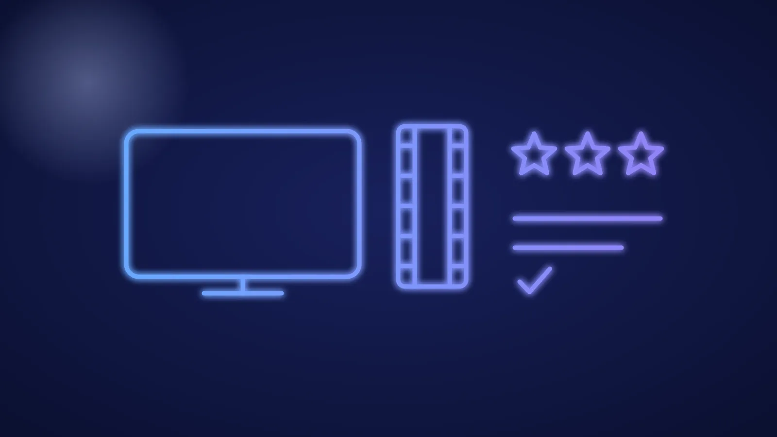 Illustration eines Fernsehers mit Filmstreifen und Sternen neben einer Liste mit Häkchen in leuchtenden blauen Linien