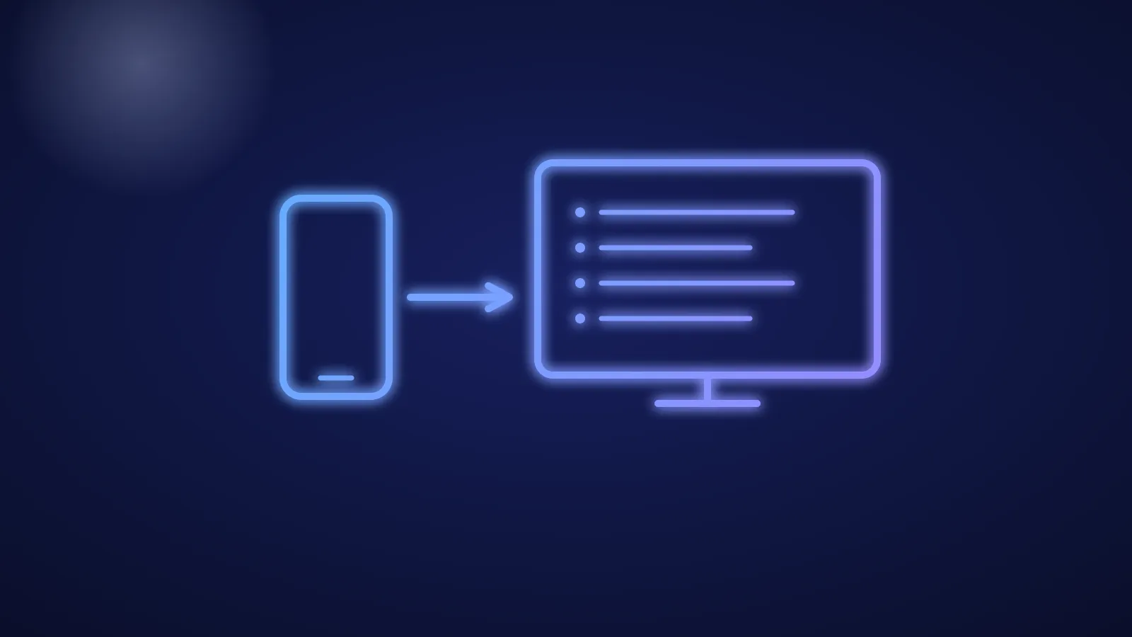 Ilustración de un iPhone y un televisor sincronizados con un icono de lista, en líneas azules luminosas