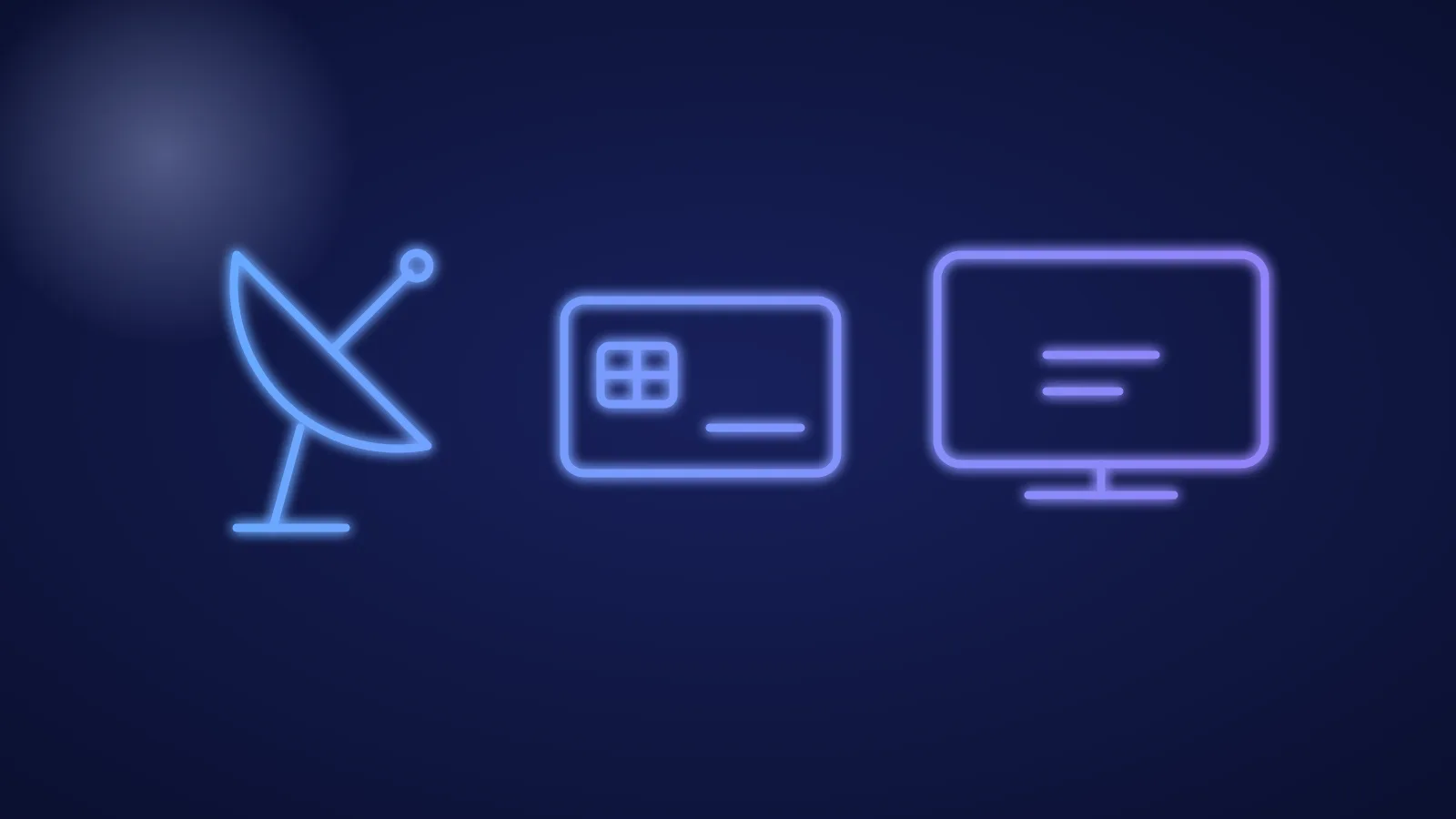 Illustration einer Satellitenschüssel und einer Chipkarte vor einem Fernseher in leuchtenden blauen Linien