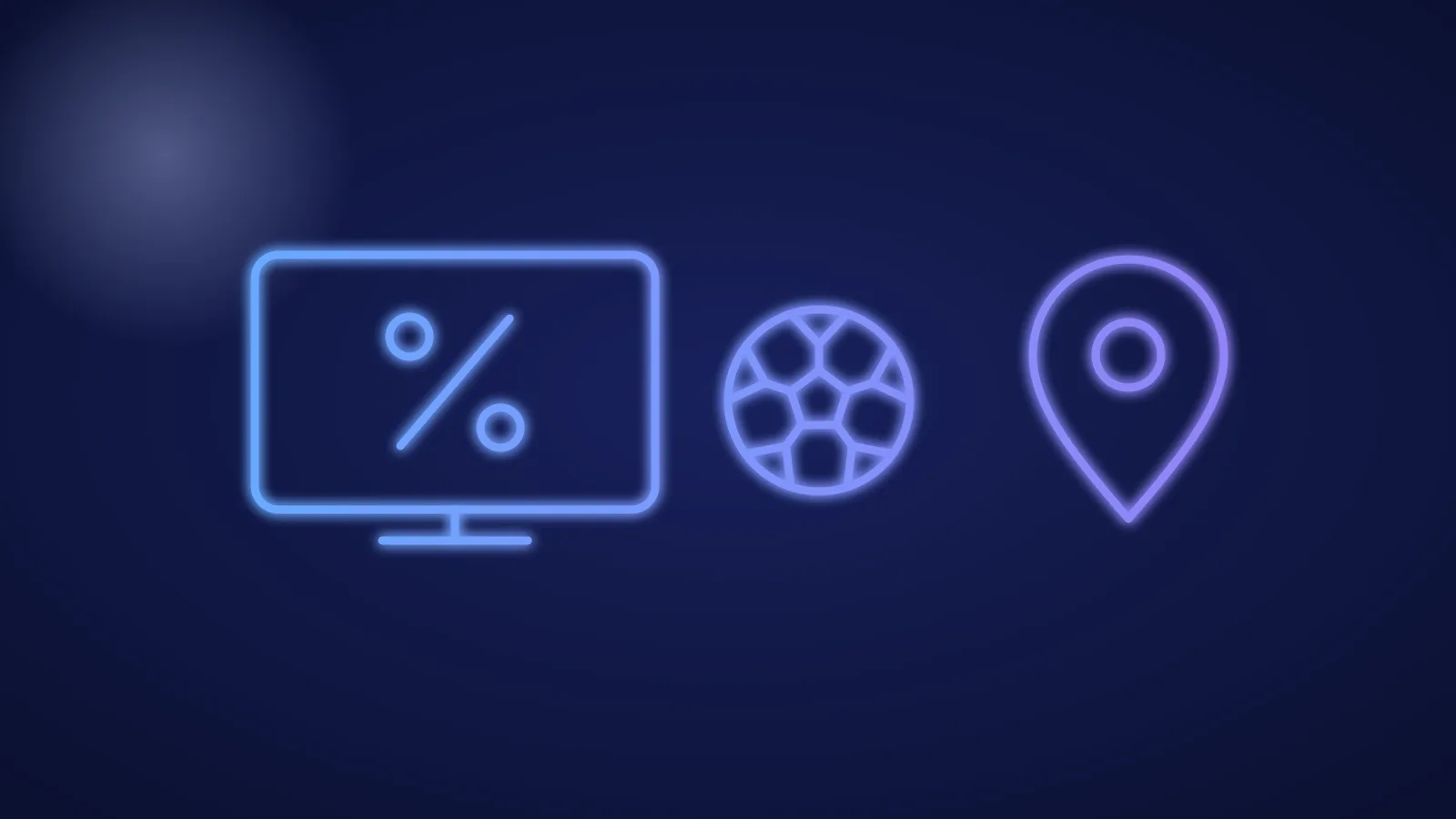Illustration eines Fernsehers mit Prozentzeichen, Fußball und Kartenmarkierung in leuchtenden blauen Linien