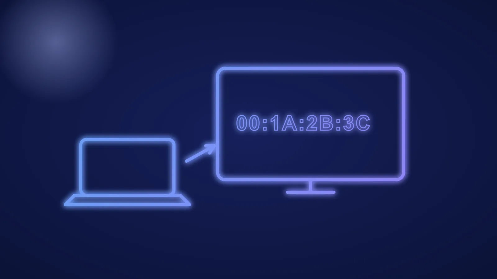 Ilustracja telewizora z ciągiem znaków adresu MAC i strzałką prowadzącą od laptopa, w świecących niebieskich i fioletowych liniach