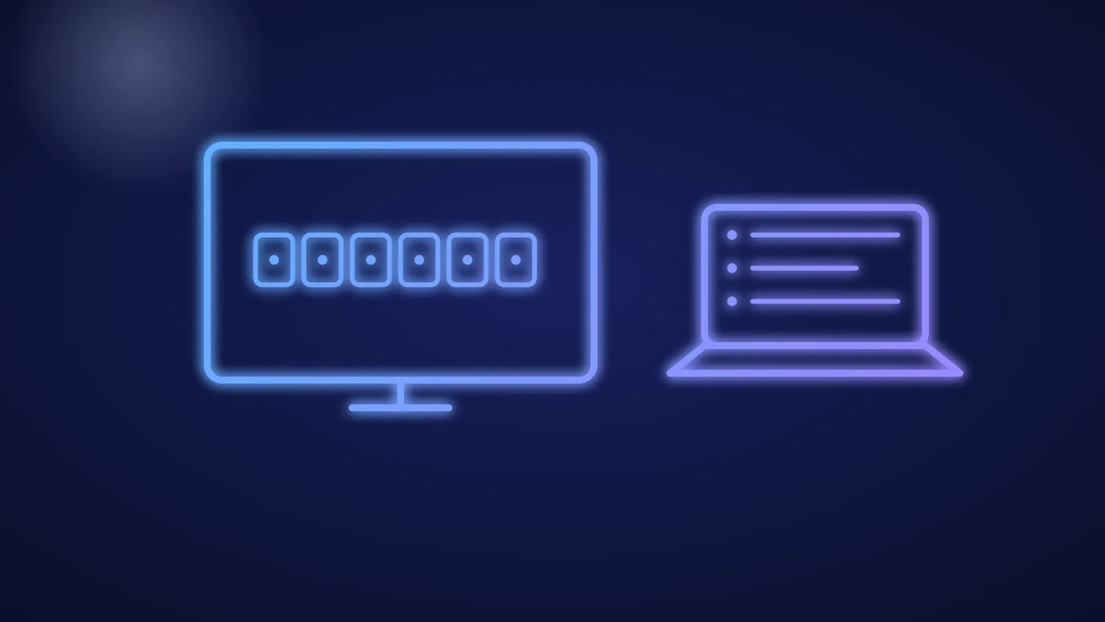 Ilustración de un televisor con un código de seis dígitos y un portátil con una lista, en líneas azules luminosas