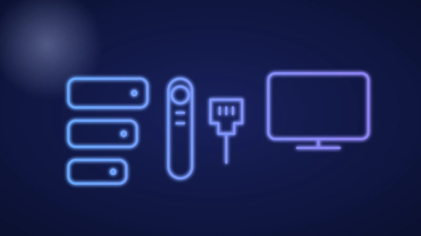Illustration von drei kleinen Streaming-Boxen mit Fernbedienung und LAN-Kabel vor einem Fernseher in blauen Linien