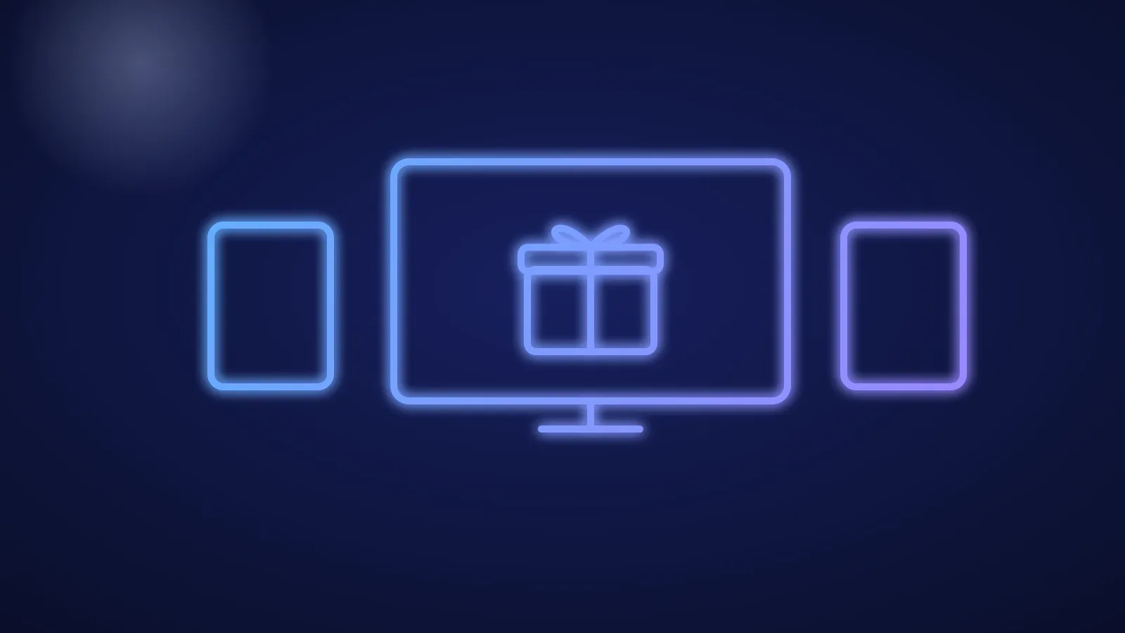 Ilustración de un televisor con un icono de regalo y varias tarjetas de películas, en líneas azules luminosas