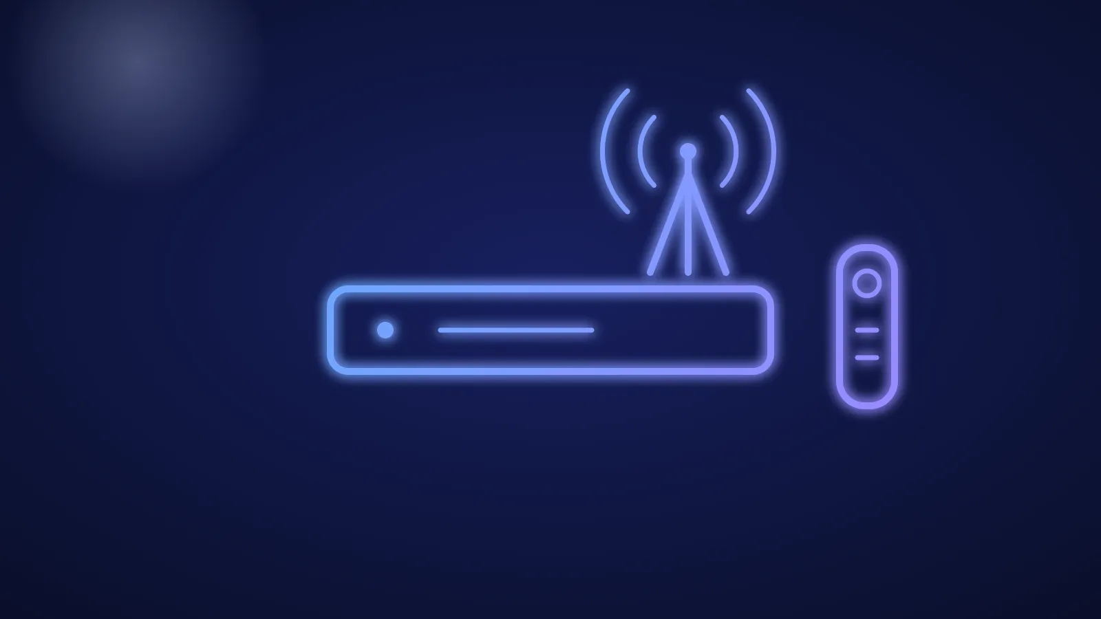 Ilustración de un receptor de televisión plano con antena y un mando a distancia, en líneas azules luminosas