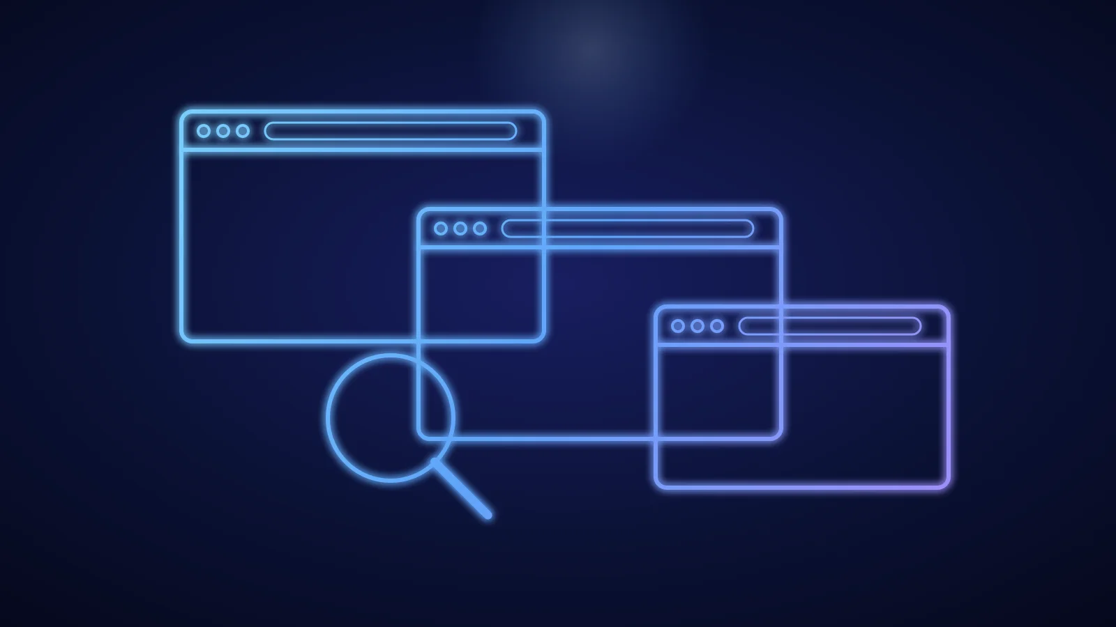 Illustration einer Lupe über mehreren Browserfenstern mit unterschiedlichen Adressen in blauen Linien