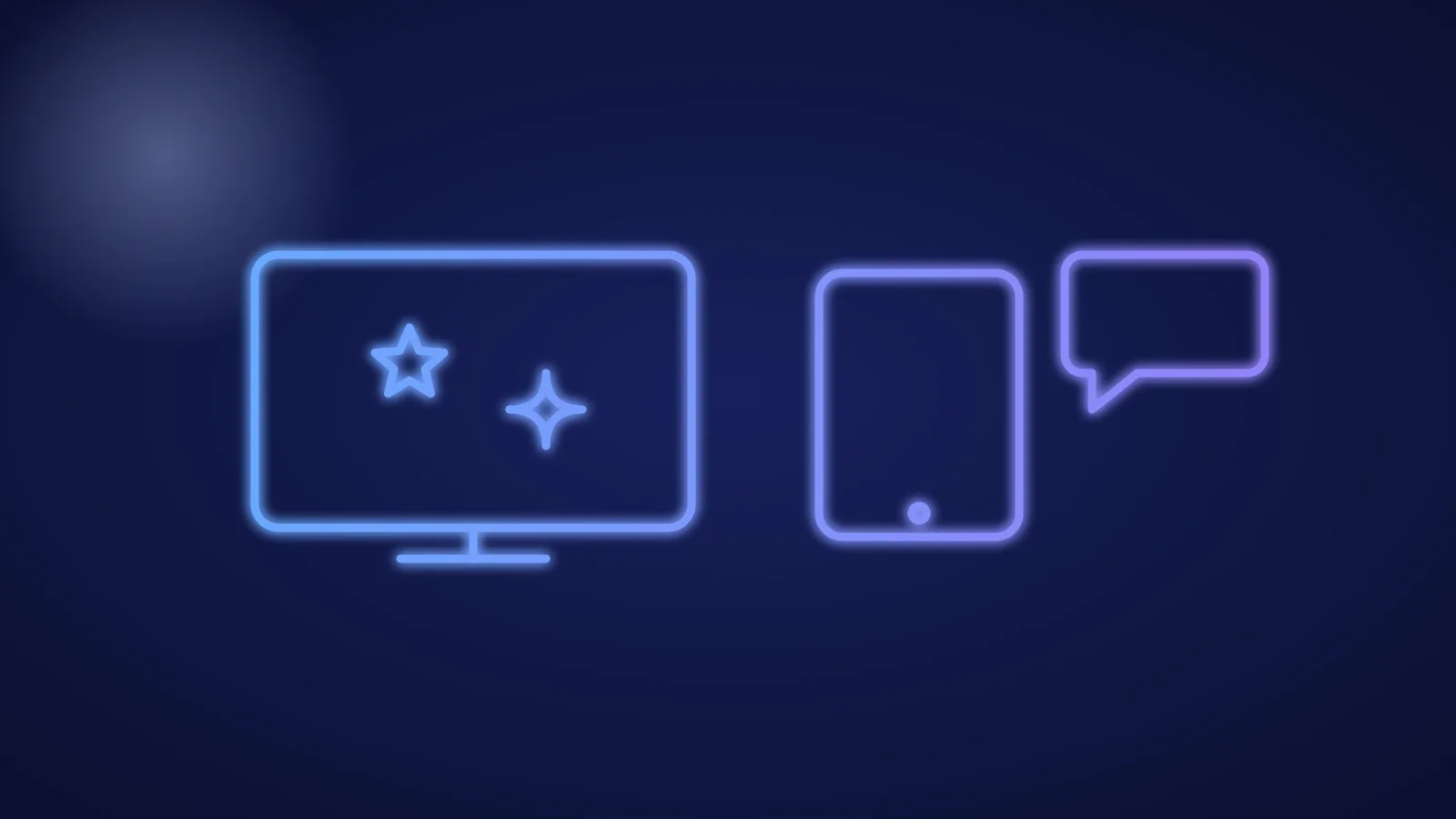 Illustration eines Fernsehers mit Sternen und Sprechblase neben einem Tablet in leuchtenden blauen Linien