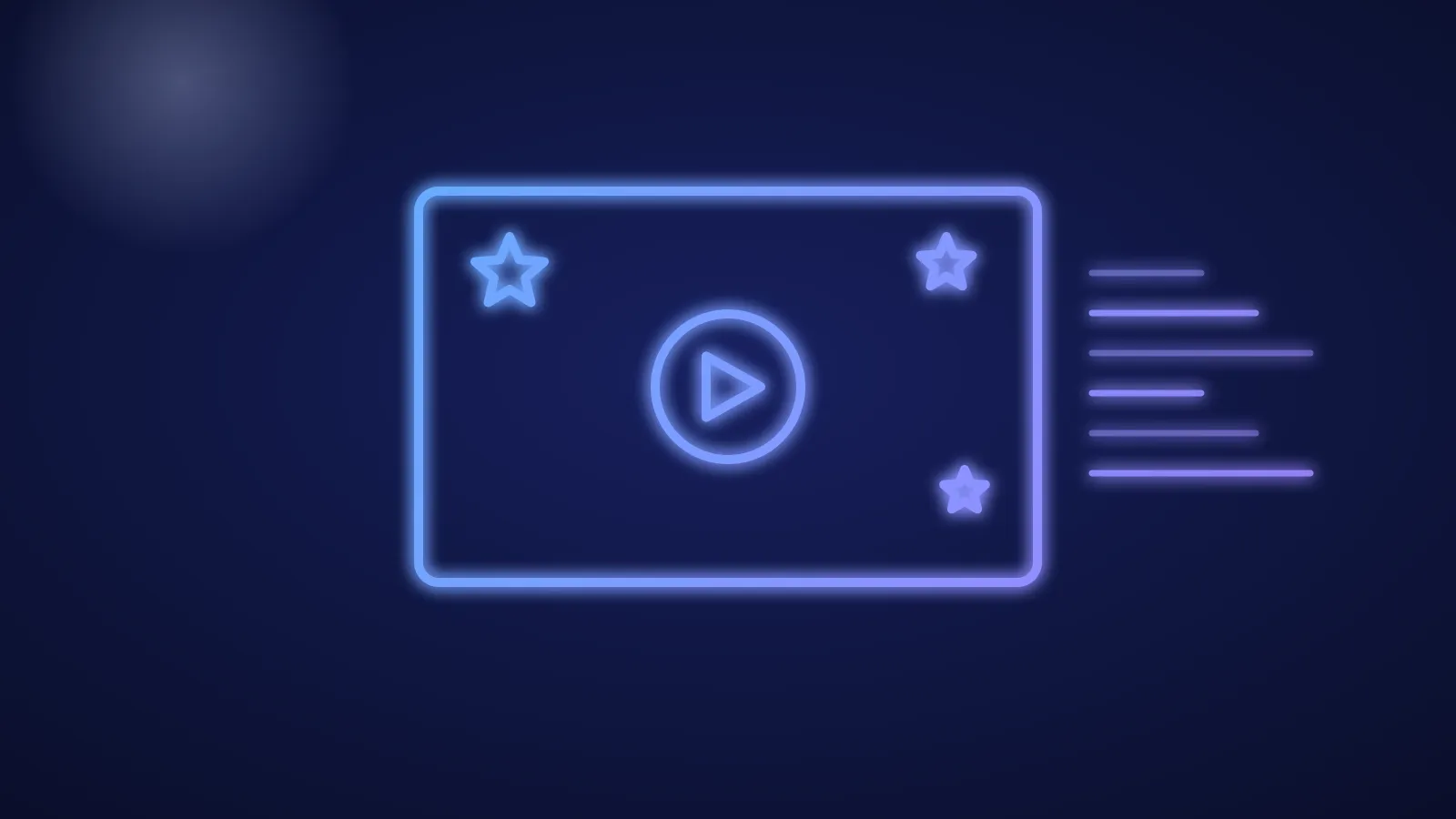 Ilustración de una pantalla con estrellas y líneas de velocidad estilo anime y un icono de reproducción, en líneas azules y violetas