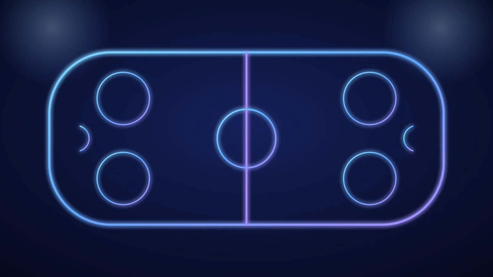 Illustration of an ice hockey rink with faceoff circles, drawn in glowing blue and violet lines on a dark background