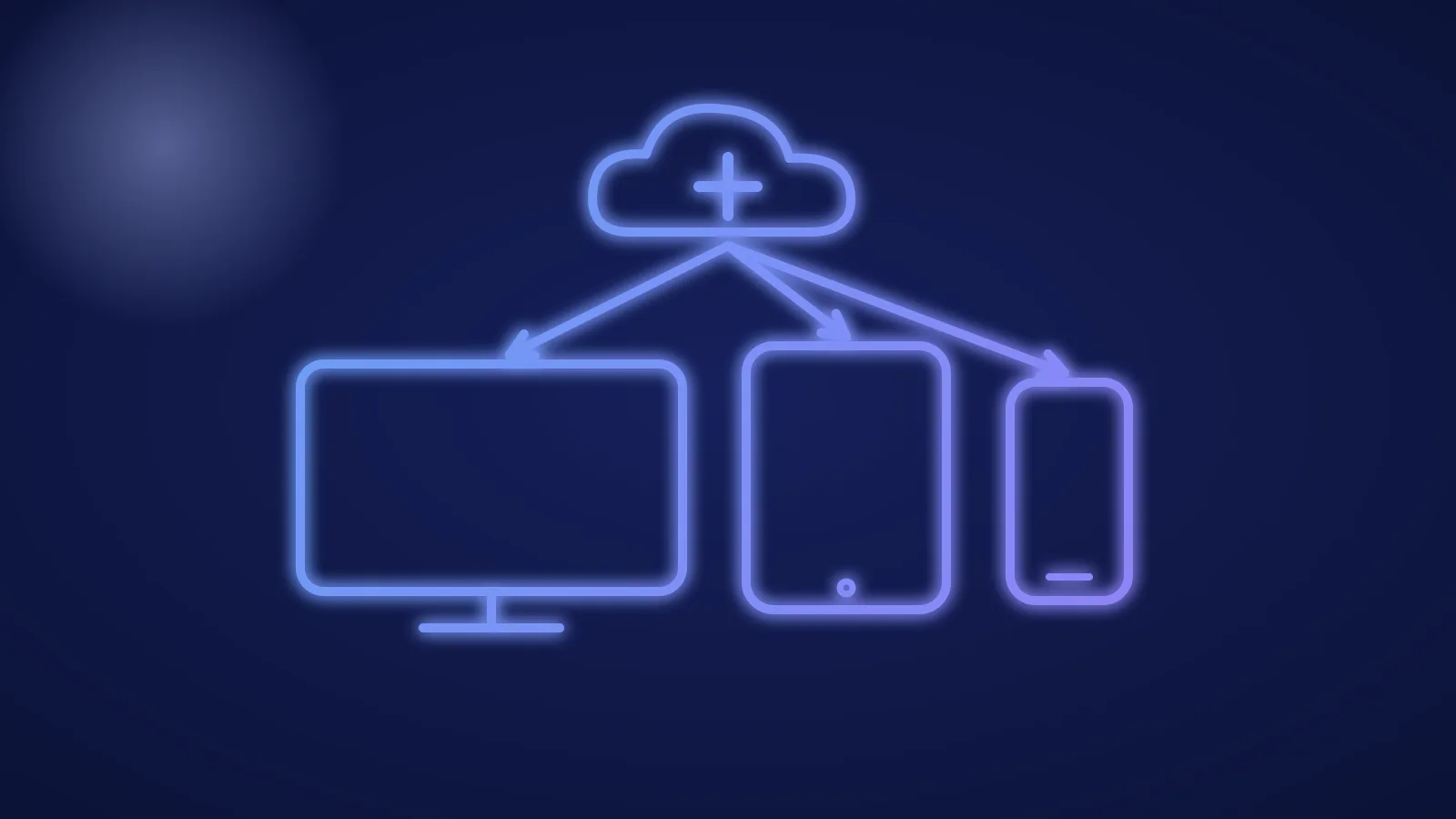 Ilustracja telewizora, tabletu i telefonu połączonych z chmurą i znakiem plus, w świecących niebieskich i fioletowych liniach