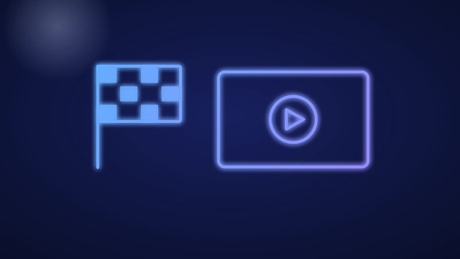Ilustración de una bandera de cuadros y una pantalla con un icono de reproducción, en líneas azules y violetas luminosas