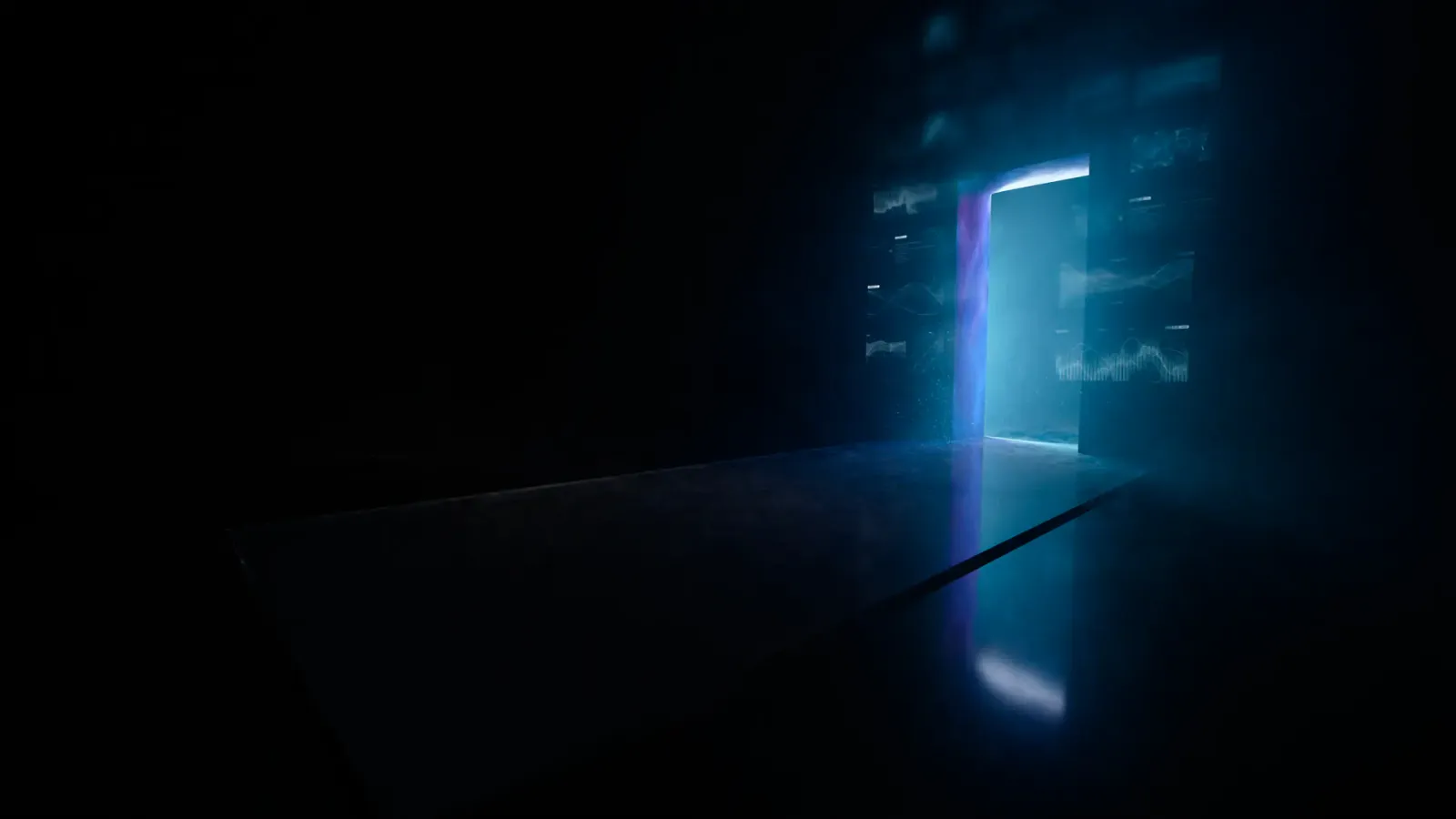 A doorway of blue light opening in a dark room, with faint panels floating around it