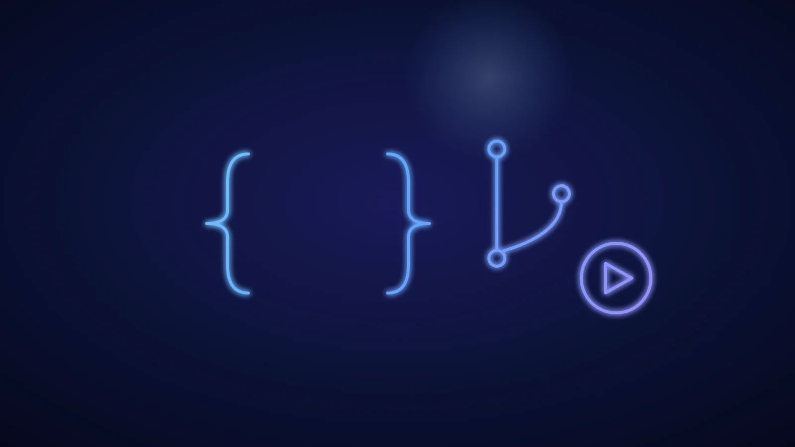 Illustration geschweifter Code-Klammern mit verzweigten Linien und einem Wiedergabe-Symbol