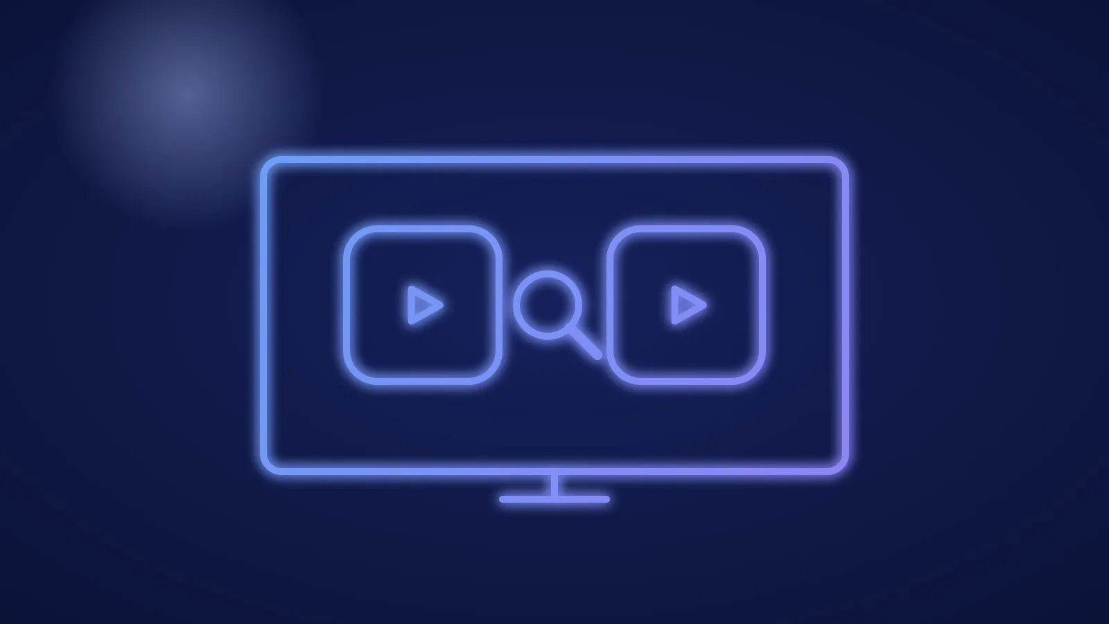 Ilustracja dwóch podobnych ikon aplikacji na ekranie telewizora z lupą pomiędzy nimi, w świecących niebieskich i fioletowych liniach