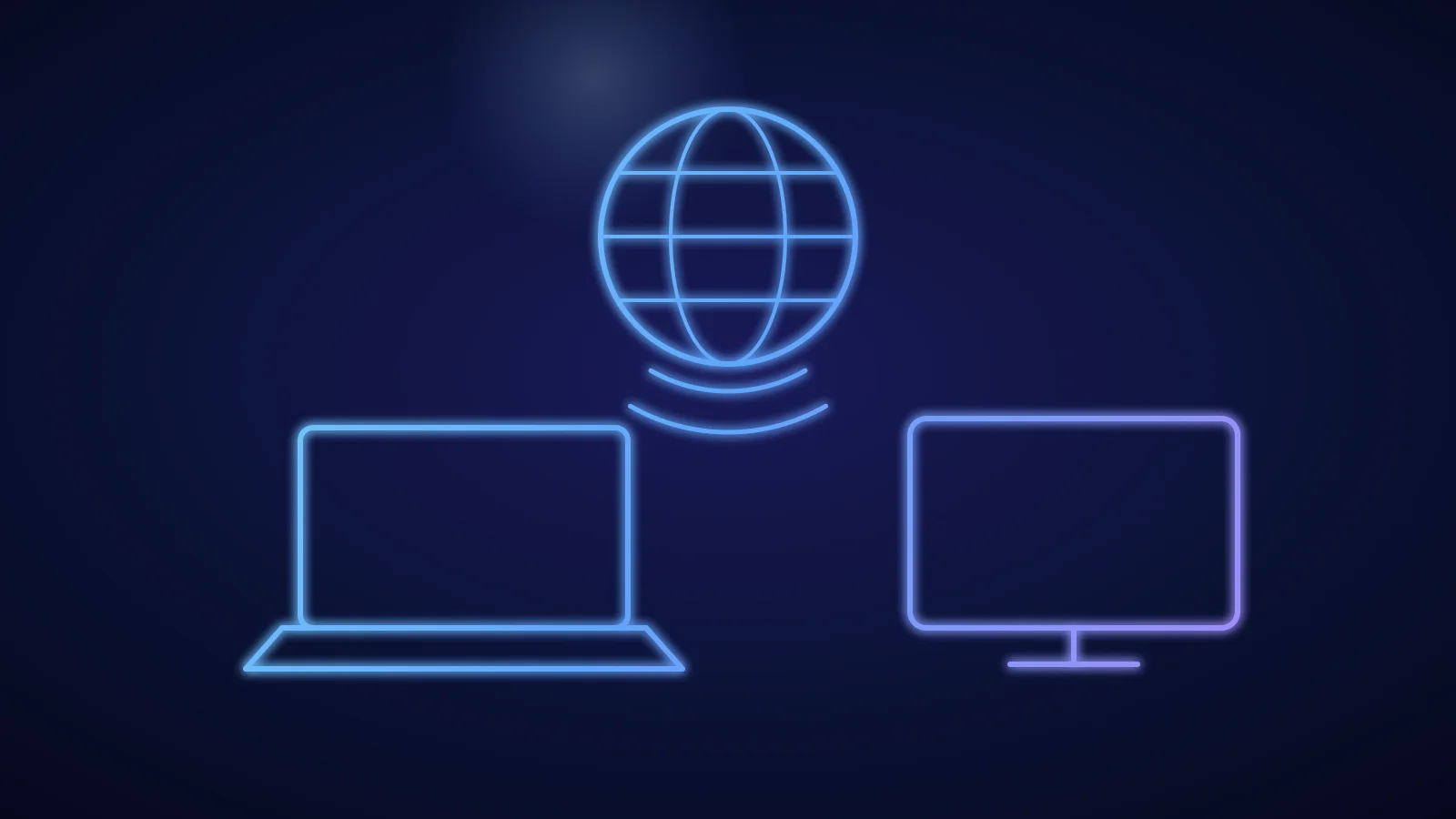 Illustration eines Laptops und eines Fernsehers, die über Signalbögen mit einem Globus verbunden sind