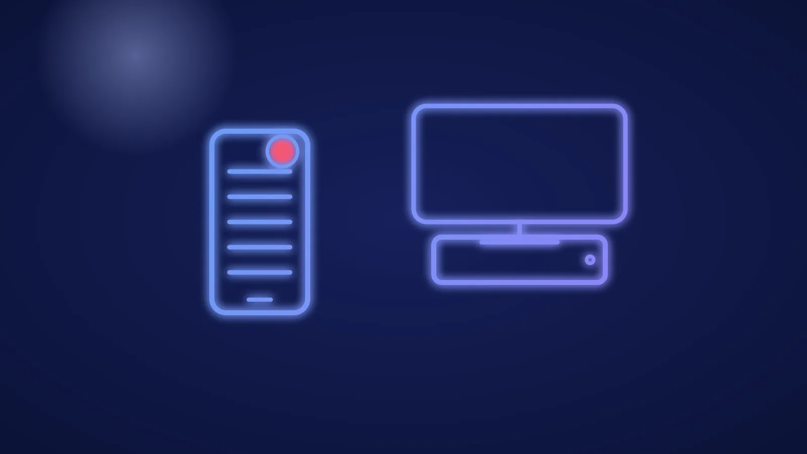 Ilustracja smartfona z listą kanałów i ikoną nagrywania obok przystawki telewizyjnej, w świecących niebieskich i fioletowych liniach