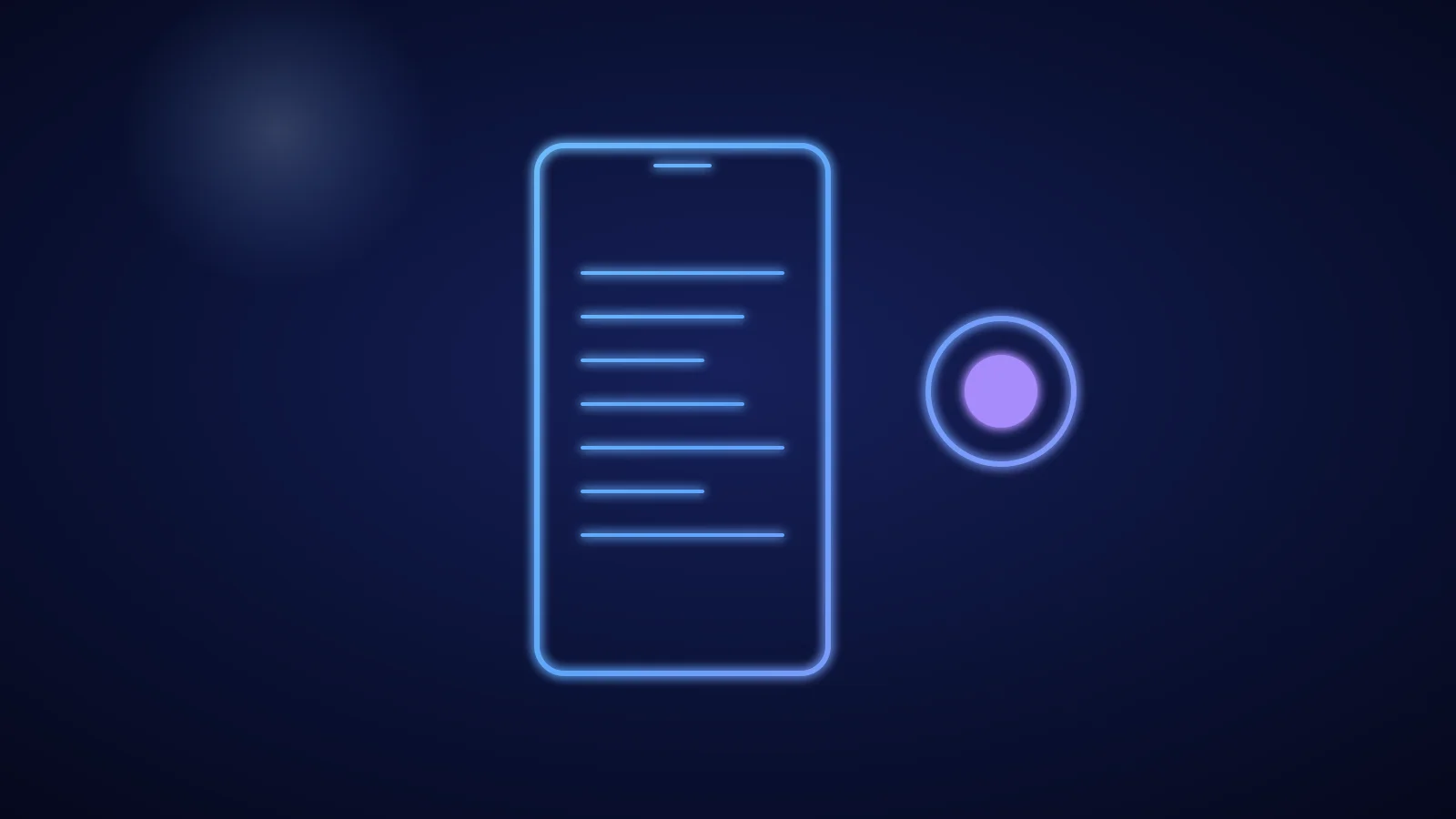 Illustration eines Smartphones mit Aufnahme-Symbol und Senderliste in blauen und violetten Linien