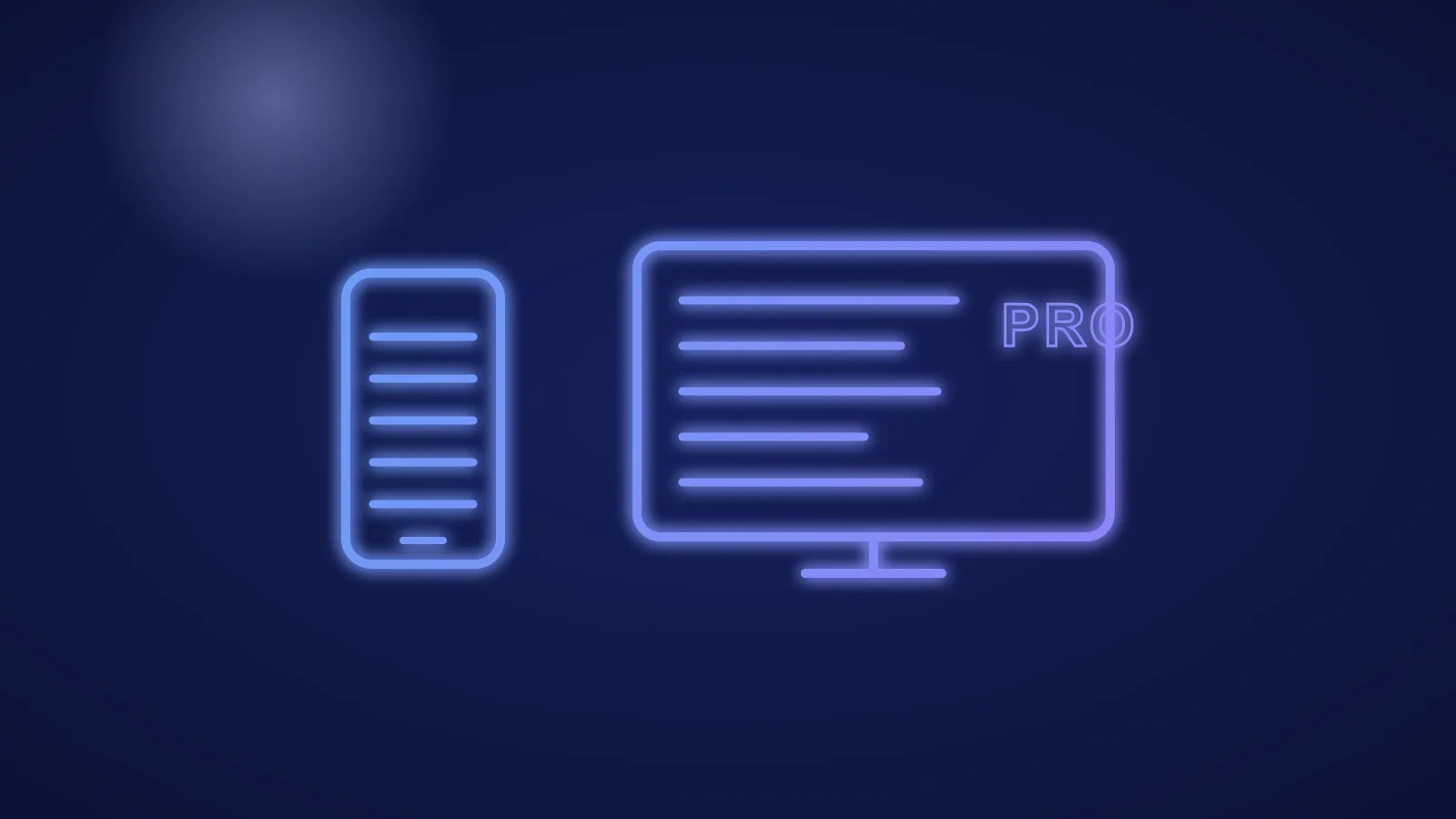 Ilustracja smartfona i telewizora z listą kanałów i znakiem pro, w świecących niebieskich liniach
