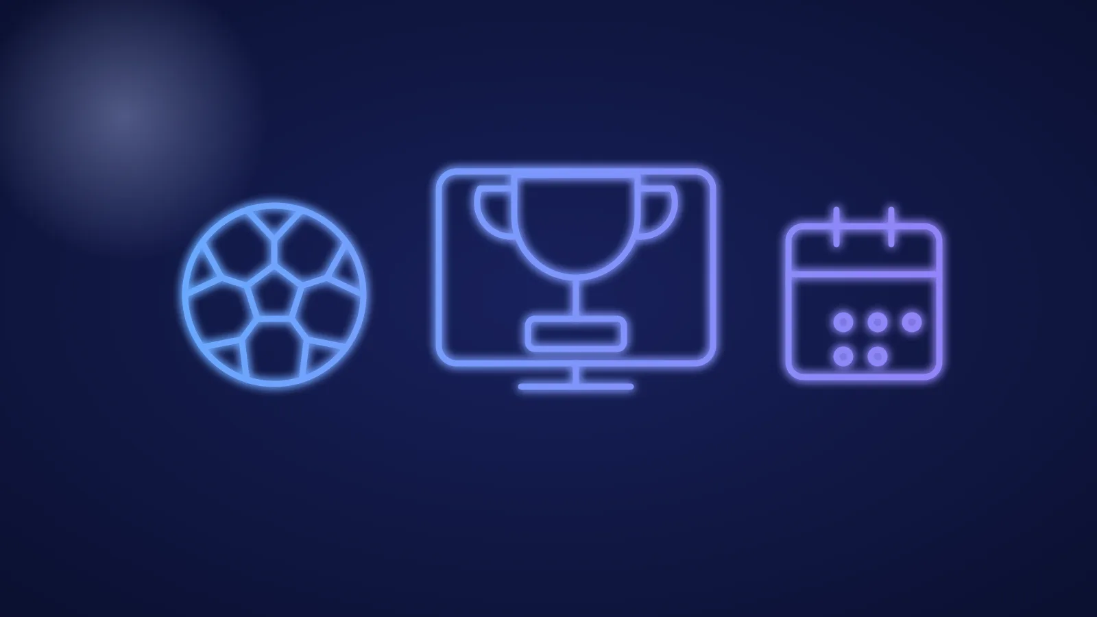 Illustration eines Fußballs vor einem Fernseher mit Pokal-Symbol und Kalenderblatt in leuchtenden blauen Linien