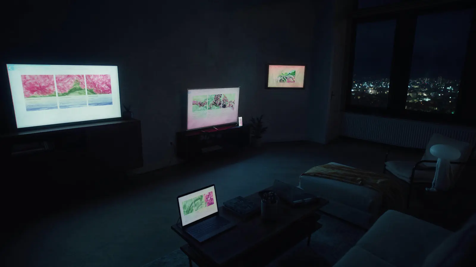 A TV, laptop, tablet and smartphone around an apartment at night, each screen showing a different video