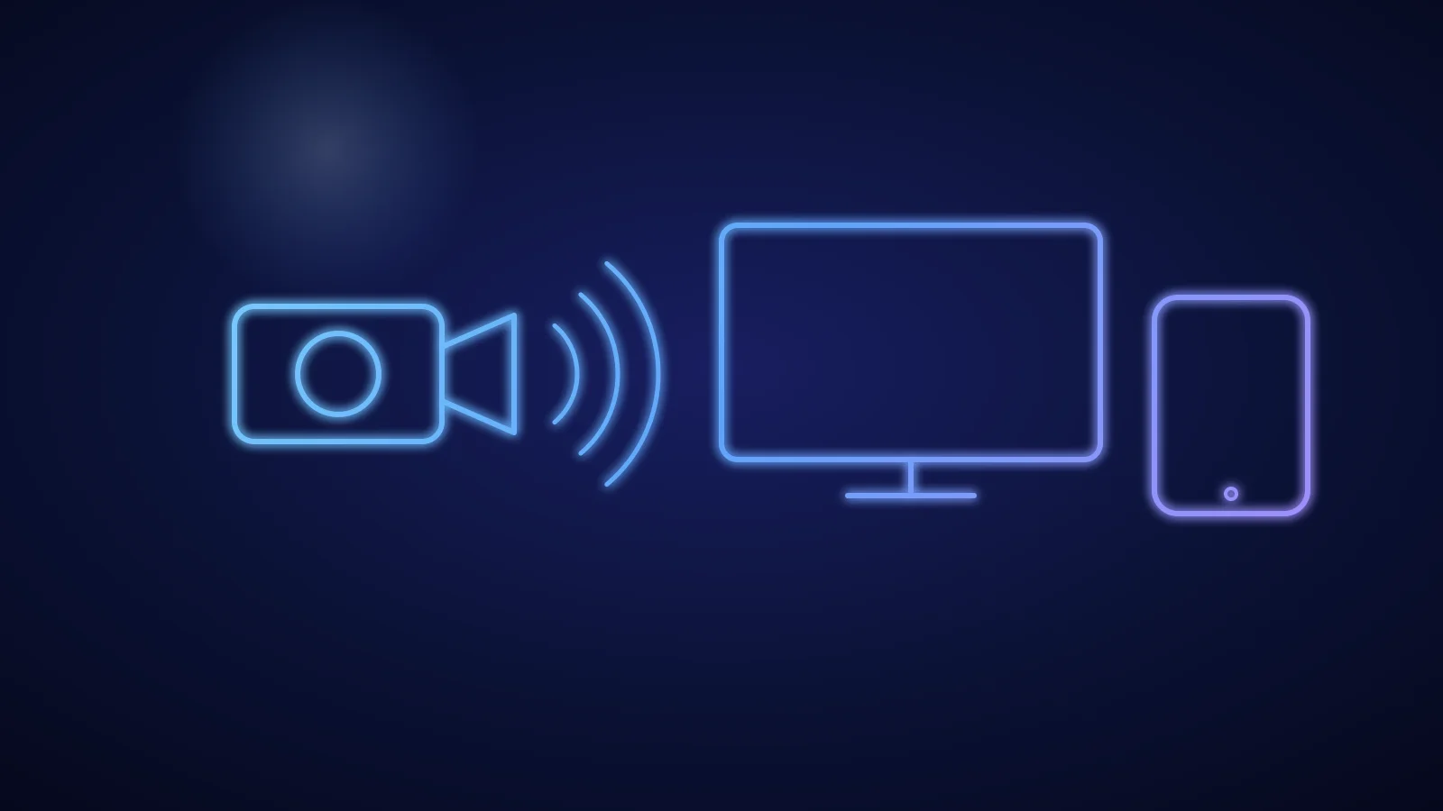 Illustration einer Kamera mit Signalbögen, die zu einem Fernseher und einem Tablet senden