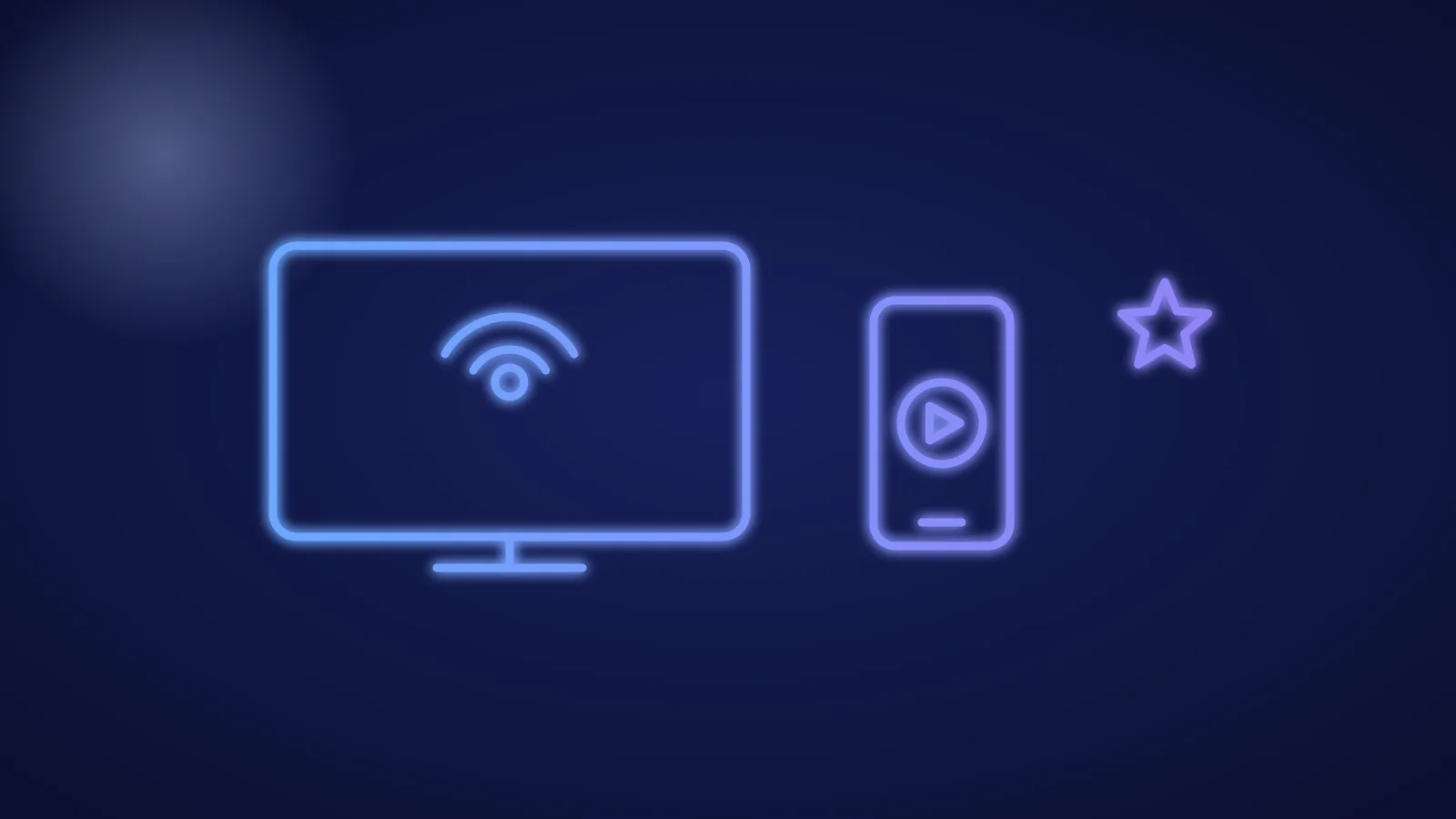 Illustration eines Fernsehers mit Live-Symbol und einem Smartphone mit Play-Taste in leuchtenden blauen Linien