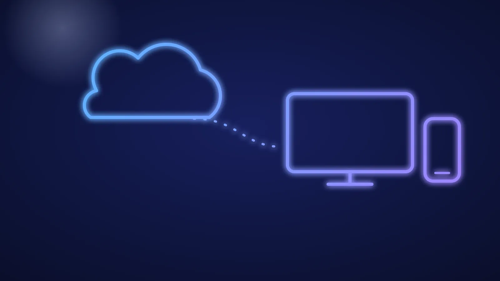 Ilustración de una nube que envía un flujo de datos a un televisor y a un móvil, en líneas azules luminosas