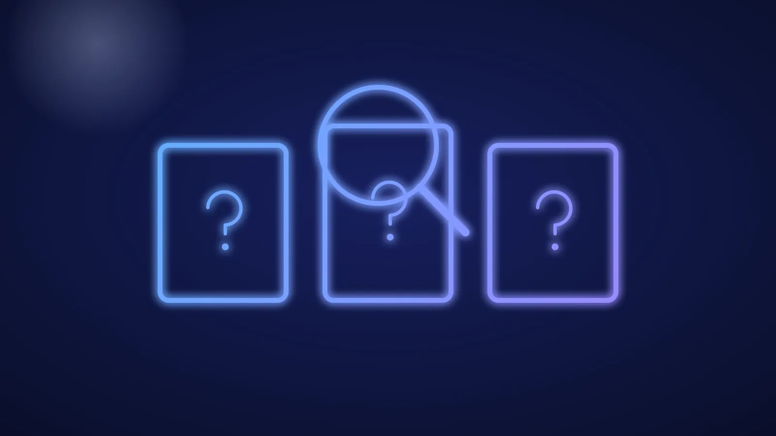 Ilustración de una lupa sobre tres tarjetas de servicio con signos de interrogación, en líneas azules luminosas