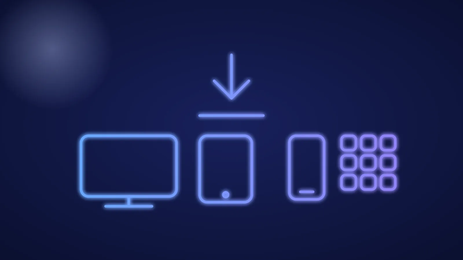 Illustration eines Download-Pfeils über einem Fernseher, einem Tablet und einem Smartphone in leuchtenden blauen Linien