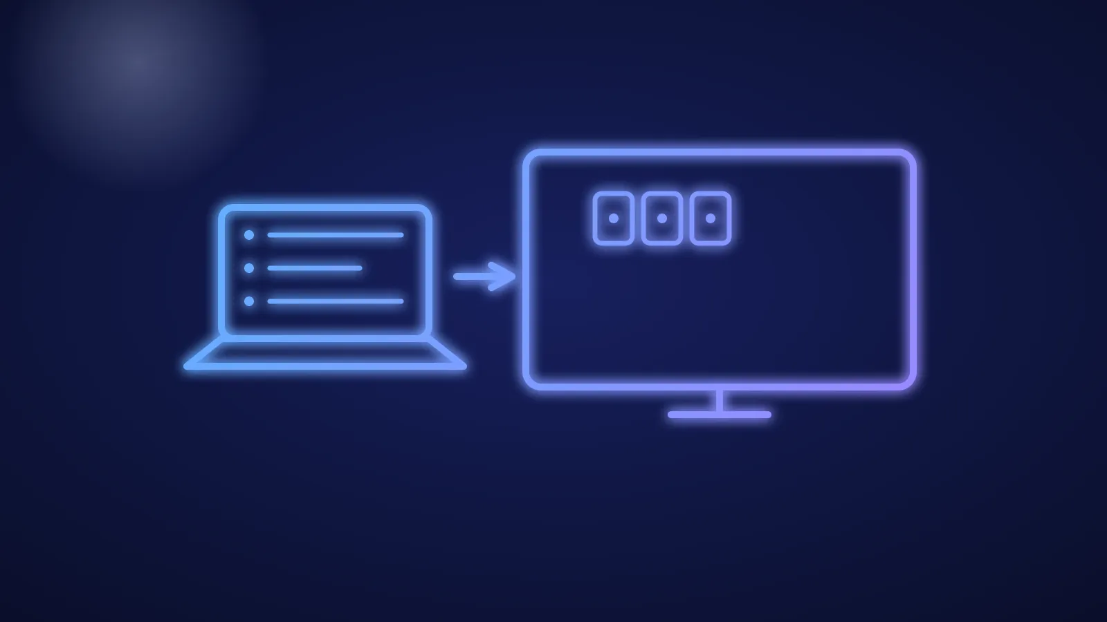 Ilustración de un televisor recibiendo varias listas numeradas desde un portátil, en líneas azules luminosas