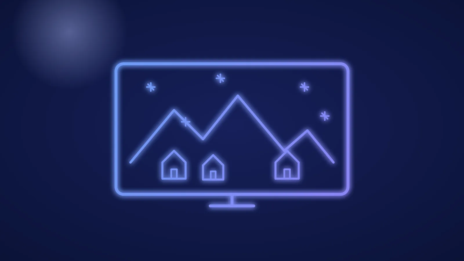 Ilustracja zaśnieżonego miasteczka z górami w tle, wyświetlonego na ekranie telewizora, w świecących niebieskich liniach