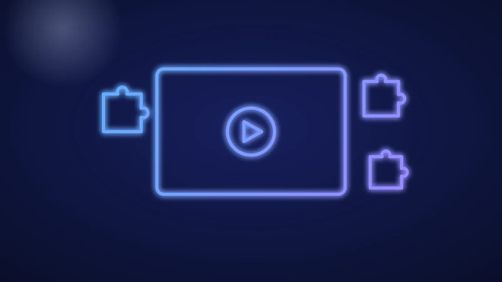 Ilustración de una pantalla con piezas de puzle conectadas alrededor de un botón de reproducción, en líneas azules luminosas