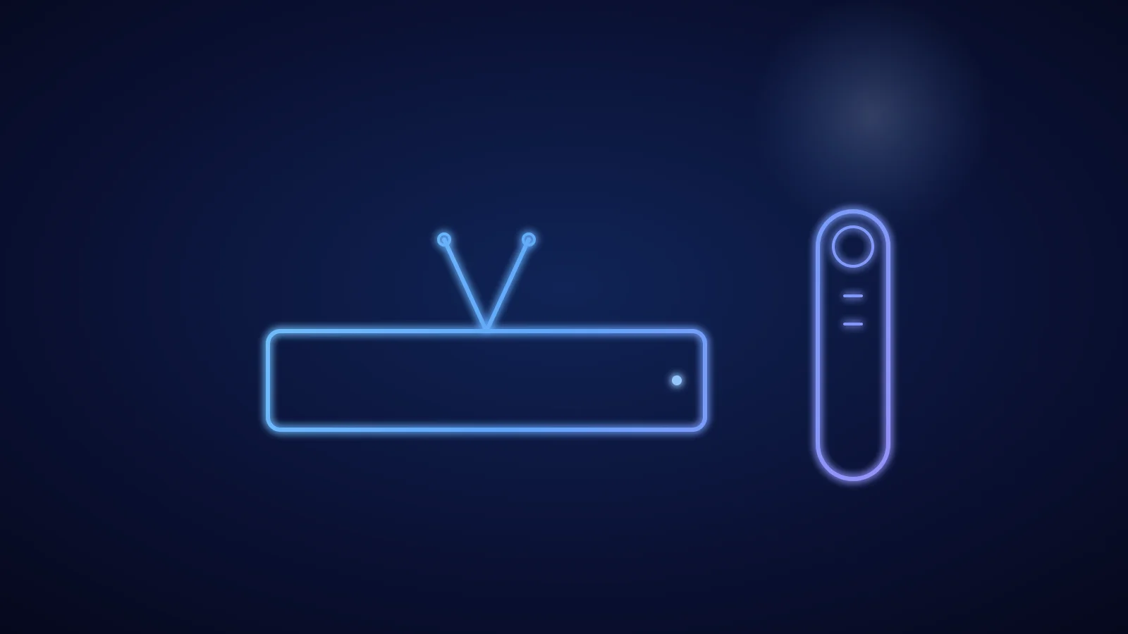 Illustration einer flachen TV-Box mit Antenne und einer Fernbedienung in leuchtenden blauen Linien