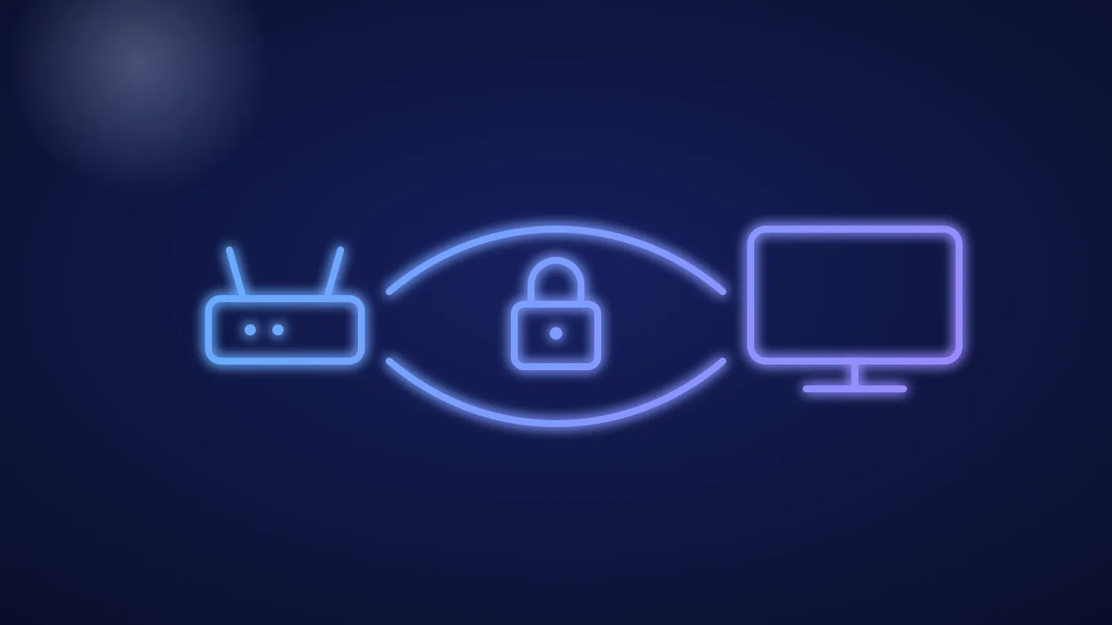 Ilustración de un túnel cifrado con un candado entre un router y un televisor, en líneas azules luminosas