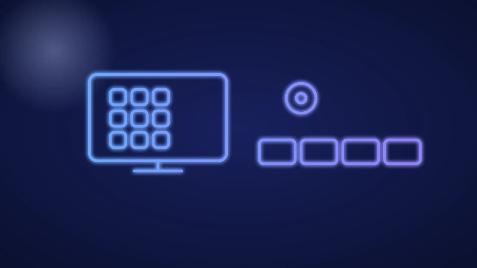 Illustration eines Fernsehers mit Senderkacheln, Aufnahmesymbol und vier kleinen Bildschirmen in leuchtenden blauen Linien