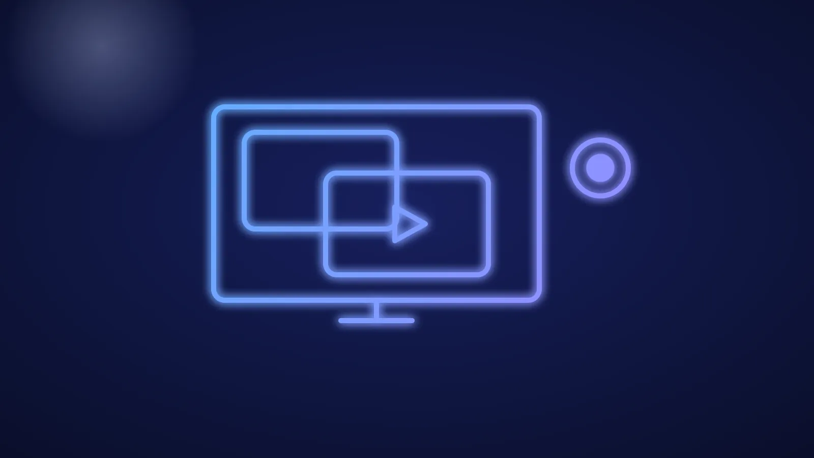 Ilustración de un televisor con dos reproductores superpuestos y un icono de grabación, en líneas azules y violetas