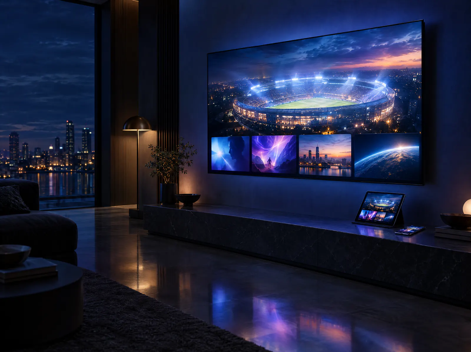 Luxury living room at night with a large TV showing a floodlit stadium, and a tablet and smartphone on the console below