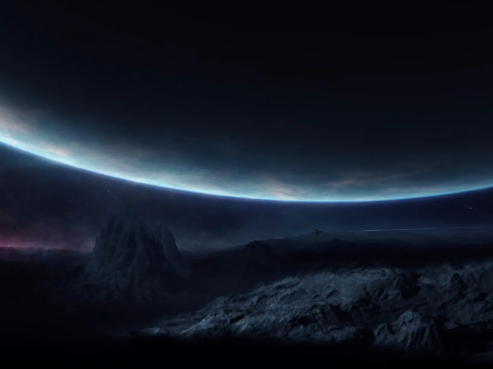 A giant glowing planet rising over a dark alien mountain landscape
