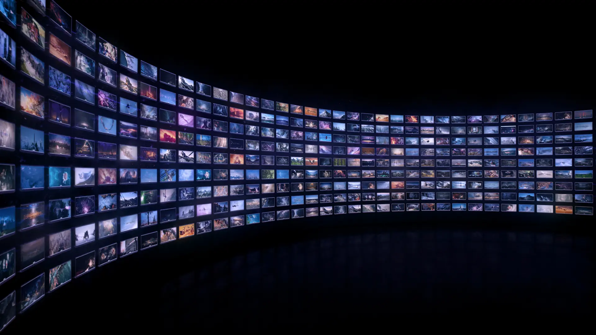 A curved wall of glowing episode thumbnails in a dark room